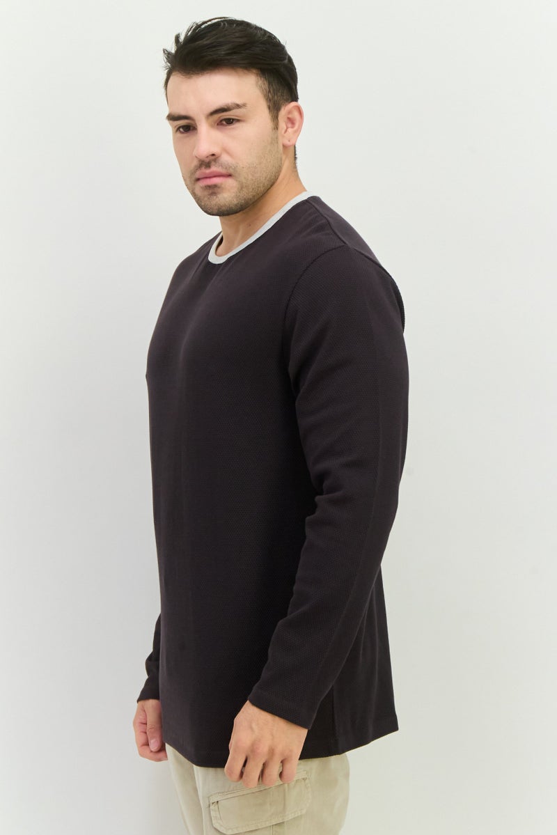 French Connection Men Crew Neck Long Sleeve Textured T-Shirt, Charcoal Grey - Image 2