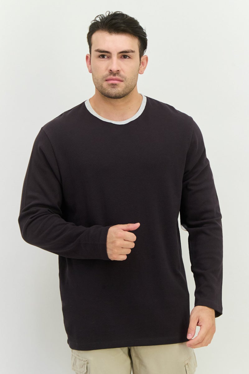 French Connection Men Crew Neck Long Sleeve Textured T-Shirt, Charcoal Grey - Image 1