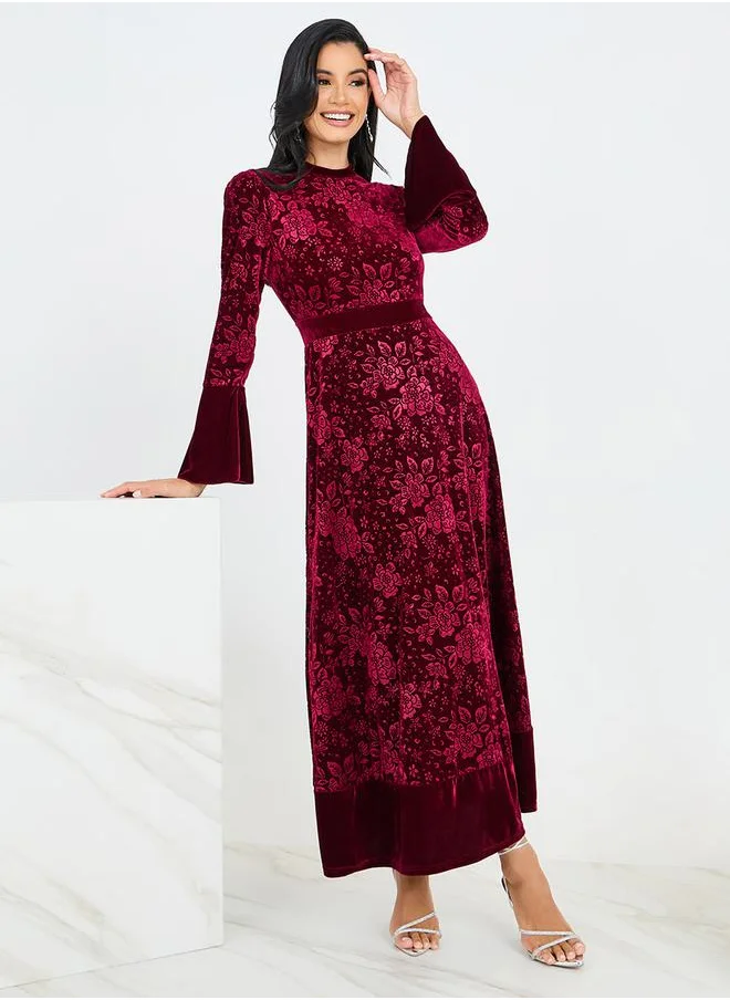 Styli Jacquard Velvet Maxi Dress with Bell Sleeve