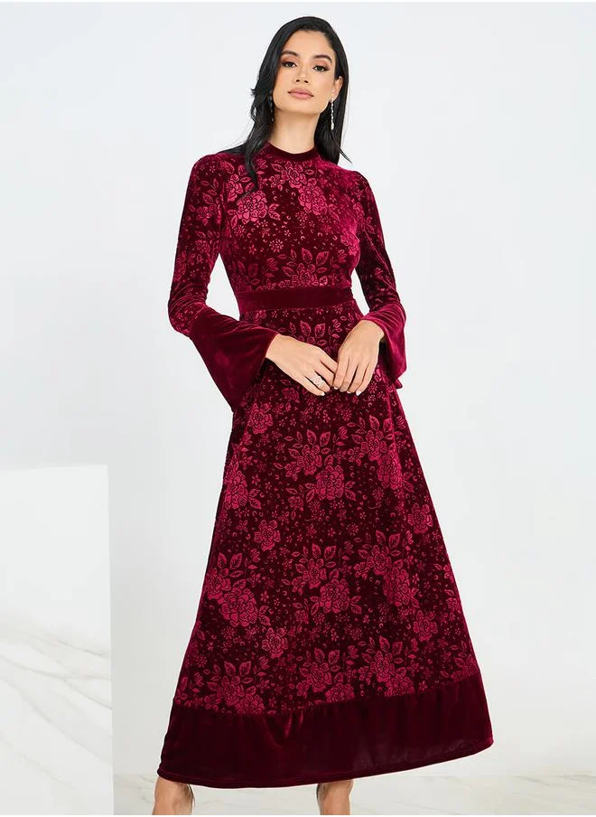 Styli Jacquard Velvet Maxi Dress with Bell Sleeve