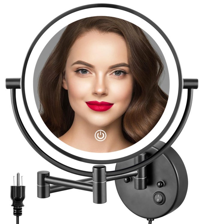 9 WALL MOUNTED LIGHTED MAKEUP MIRROR LARGE DOUBLE SIDED 1X10X MAGNIFYING MIRROR 3 COLOR LED VANITY MIRROR WITH LIGHTS TOUCH DIMMABLE 360 SWIVEL LIGHT UP FOR BATHROOM BLACK
