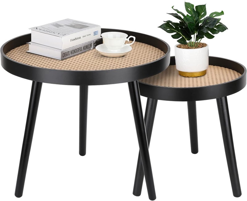 ZYBT Rattan Round Side Table, Black Small End Table, Accent Table, Modern Boho Bedside Table, Mid-Century Patio Side Table, End Tables for Living Room Bedroom Office Balcony - Image 1