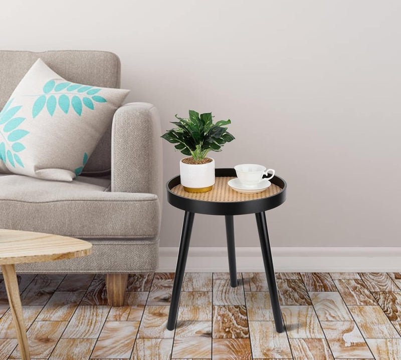 ZYBT Rattan Round Side Table, Black Small End Table, Accent Table, Modern Boho Bedside Table, Mid-Century Patio Side Table, End Tables for Living Room Bedroom Office Balcony - Image 5