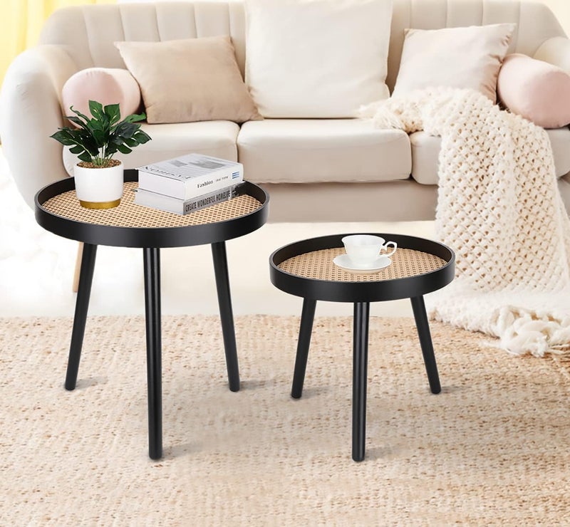 ZYBT Rattan Round Side Table, Black Small End Table, Accent Table, Modern Boho Bedside Table, Mid-Century Patio Side Table, End Tables for Living Room Bedroom Office Balcony - Image 2