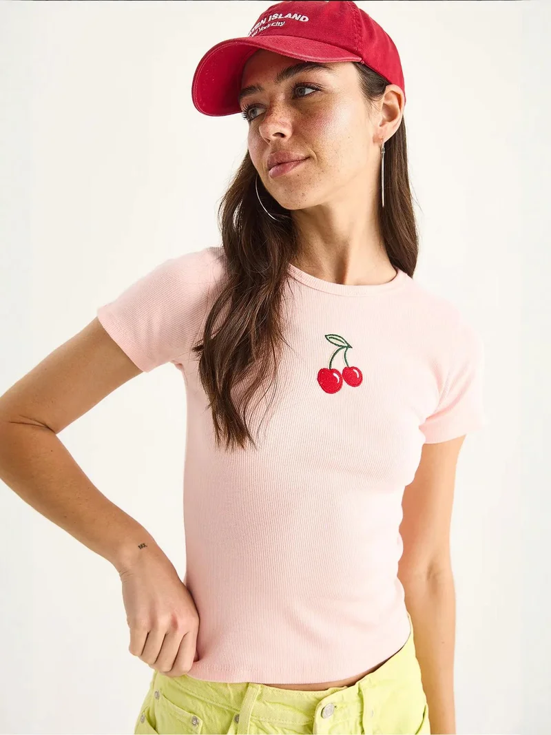 Bianco Lucci Bright Pink LUCCI Embroidered Ribbed Crop Top for Women | Best Price UAE