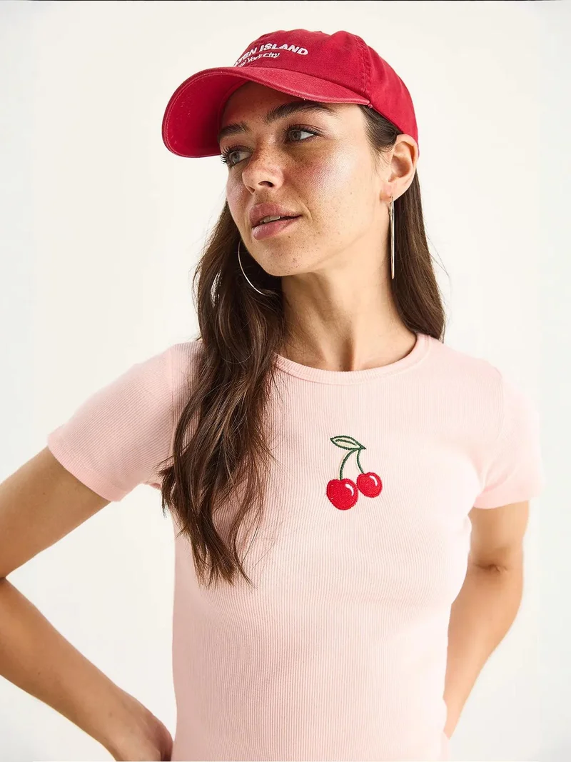 Bianco Lucci Bright Pink LUCCI Embroidered Ribbed Crop Top for Women | Best Price UAE