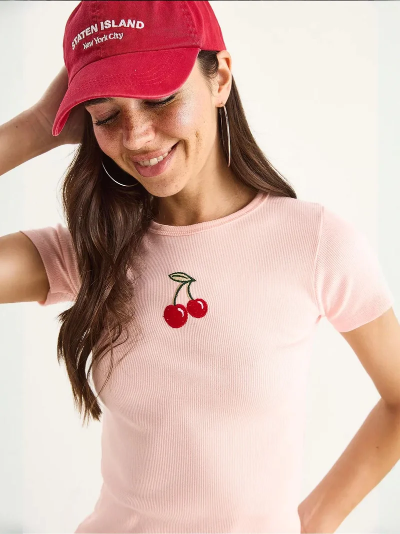 Bianco Lucci Bright Pink LUCCI Embroidered Ribbed Crop Top for Women | Best Price UAE