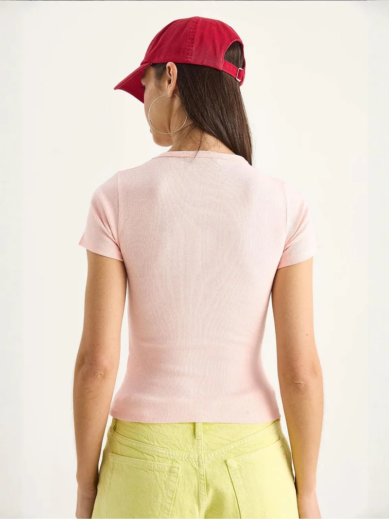 Bianco Lucci Bright Pink LUCCI Embroidered Ribbed Crop Top for Women | Best Price UAE