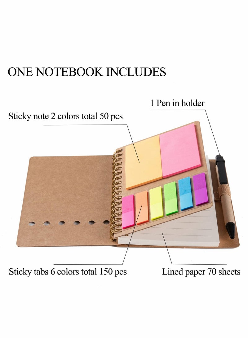 4-Pack Mini Spiral Notebooks with Pen Holder, Sticky Notes  Colorful  Markers (Black, Red, Brown, Blue) - Image 3