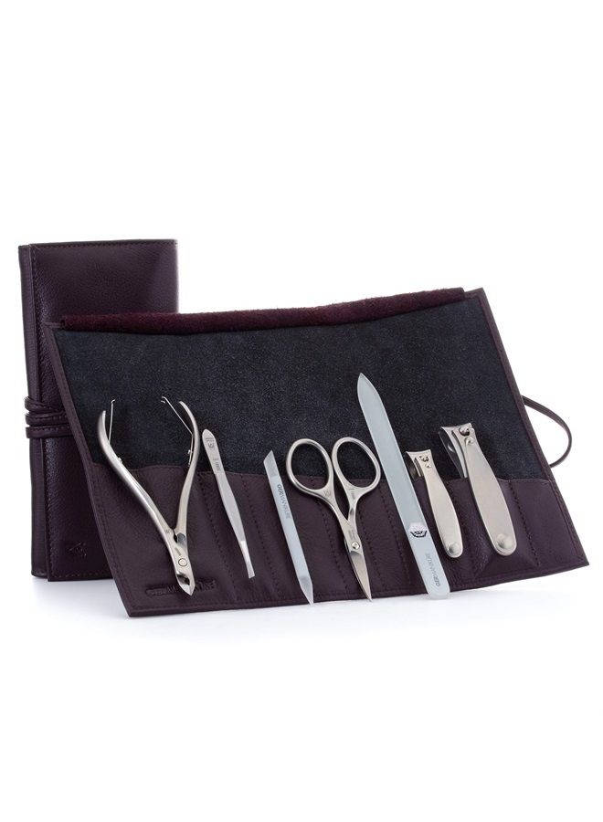 GERMANIKURE 7pc Manicure Set in Dark Purple Leather Case - FINOX Stainless Steel Tools Made in Germany, Glass Nail Care Supplies Made in Czech Republic – Professional Cuticle and Nail Care Kit - Image 1