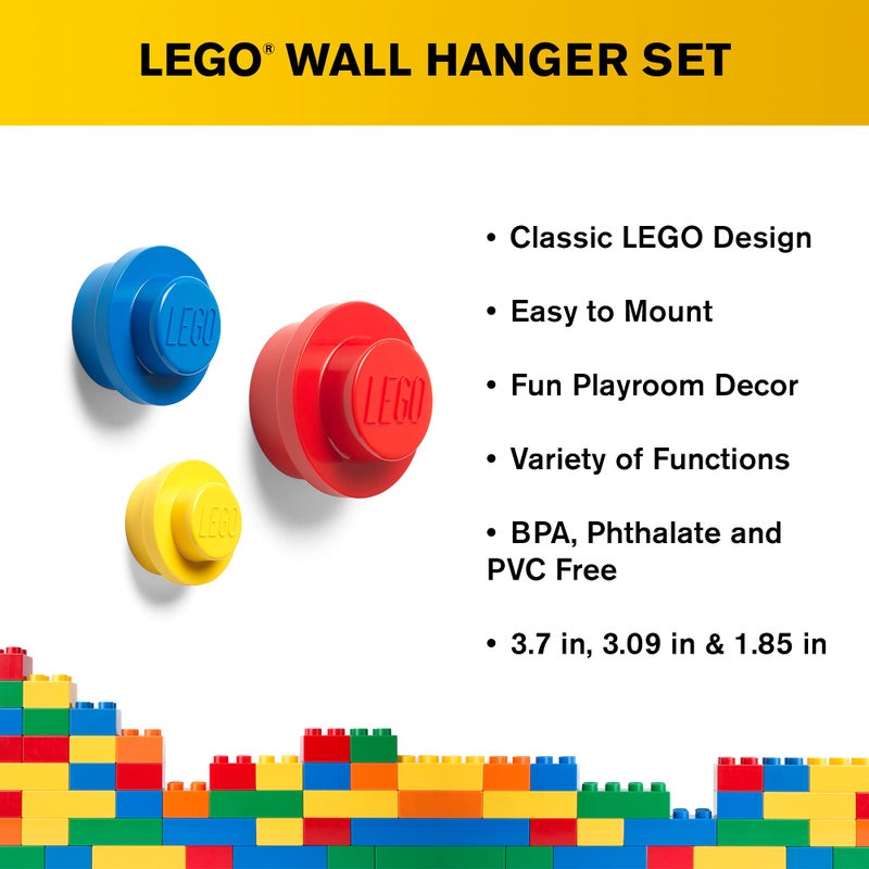 ROOM Copenhagen, Lego Wall Hanger Set - Decorative Playroom Utility Hooks - Yellow/Red/Blue - Image 2