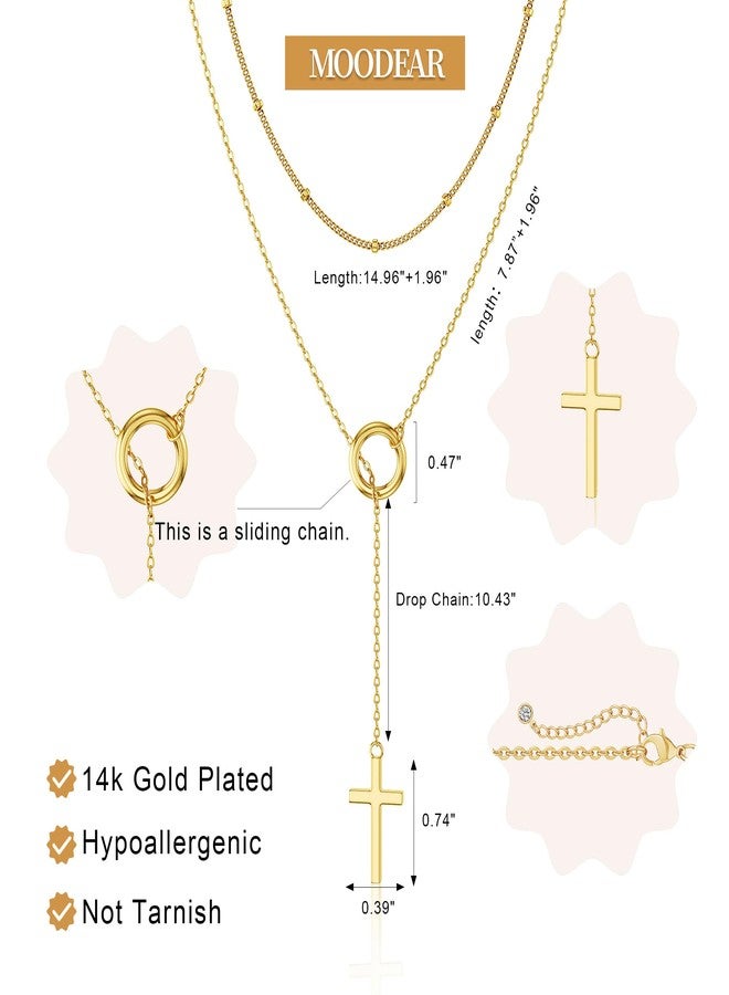 Moodear 2PC Cross Necklace for Women - Layered 14K Gold Plated Y Lariat Beaded Chain, Dainty Christian Jewelry, Long Crucifix Pendant - Image 4