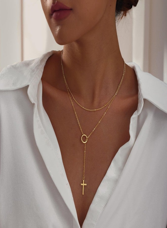 Moodear 2PC Cross Necklace for Women - Layered 14K Gold Plated Y Lariat Beaded Chain, Dainty Christian Jewelry, Long Crucifix Pendant - Image 2