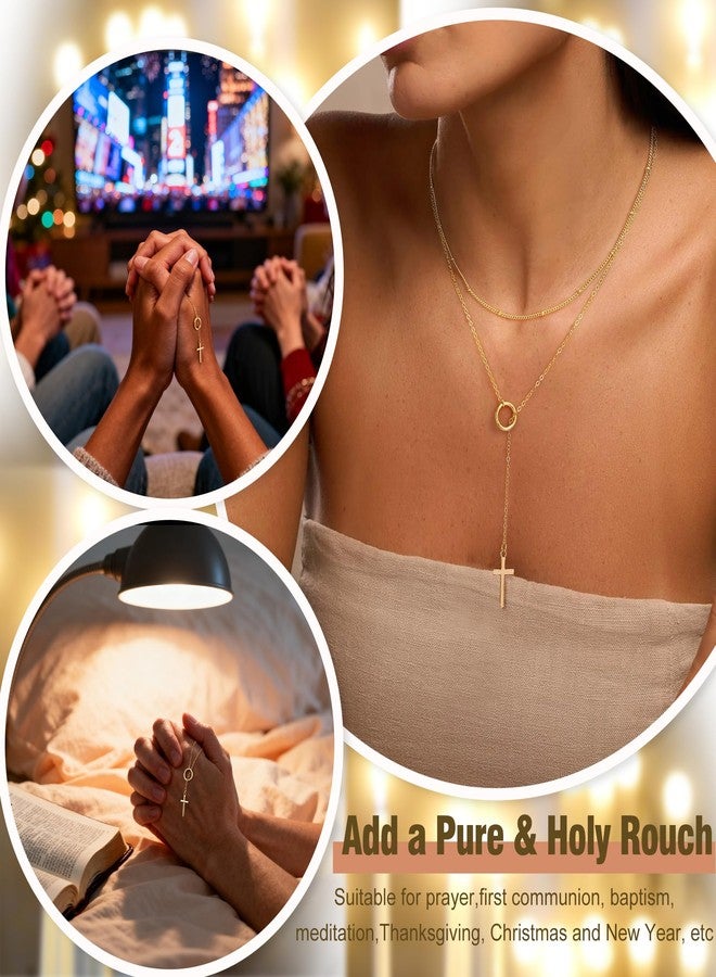 Moodear 2PC Cross Necklace for Women - Layered 14K Gold Plated Y Lariat Beaded Chain, Dainty Christian Jewelry, Long Crucifix Pendant - Image 3