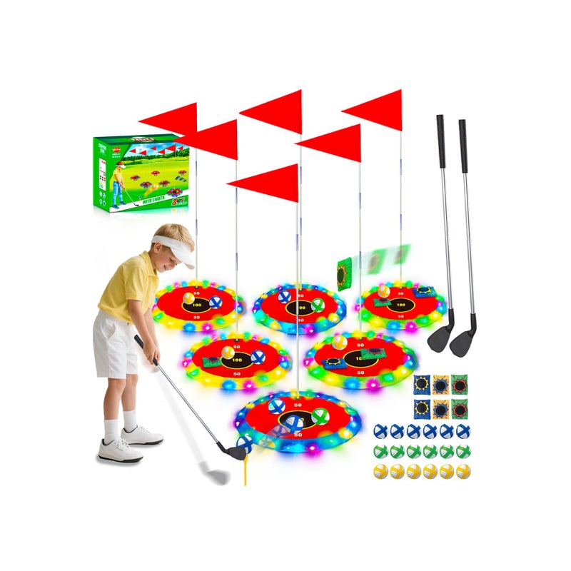 VATOS 2in1 Light up Golf for Kids Golf Chipping Game Bean Bag Toss with 6 LED Targets 2 Clubs 18 Balls Night Golfs Play for Indoor Outdoor Party Yard Golfer Gifts Sports Toys for Kids 512 - Image 2