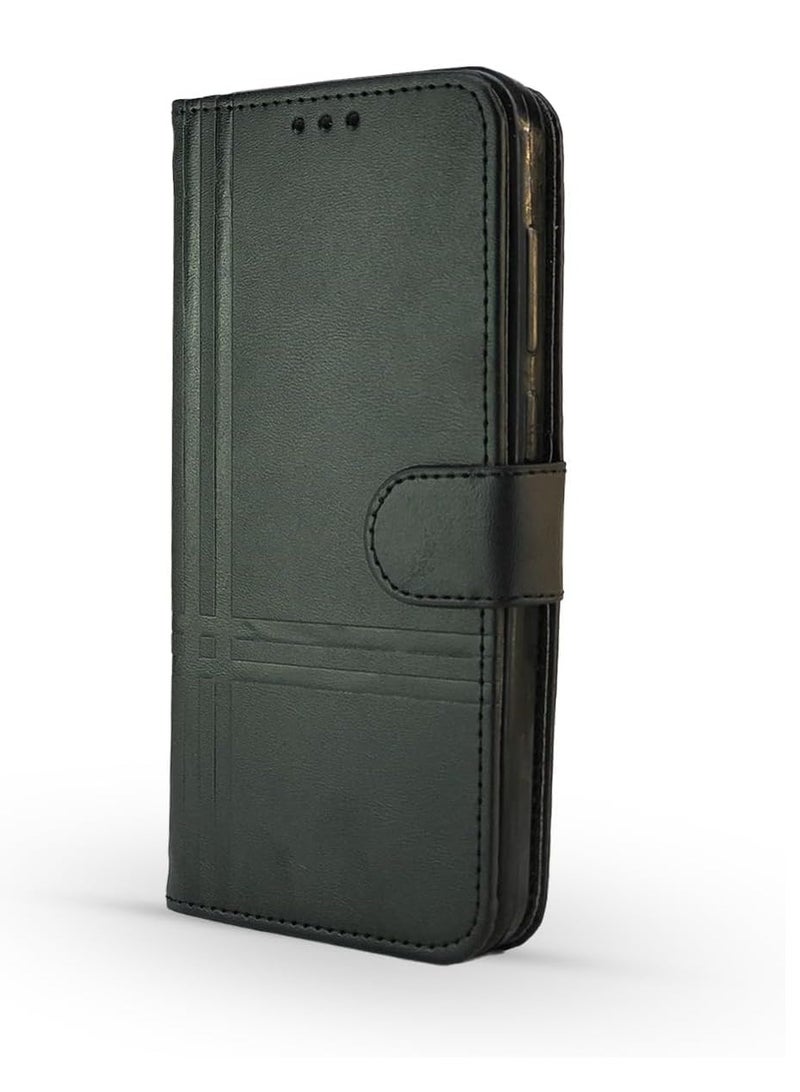 For Nokia C1 Leather Flip Case with Card Slot, Kickstand, Magnetic Closure Strap, Includes Inner Wallet, Silicone & TPU - Black - Image 1