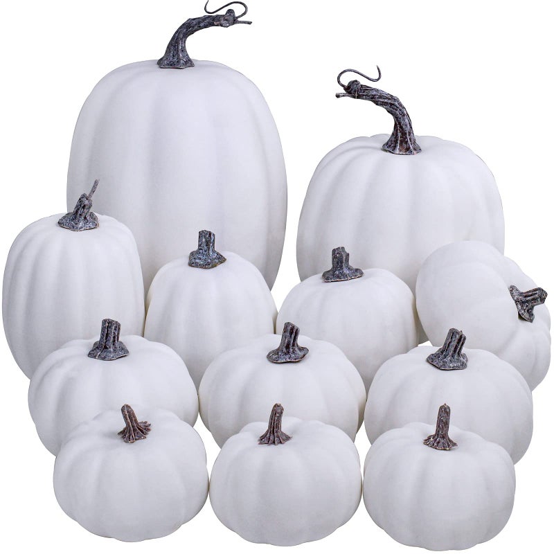 Winlyn Artificial White Pumpkins Bulk Faux Harvest Pumpkins for Fall Wedding Thanksgiving Halloween Seasonal Holiday Tabletop Decoration Centerpiece 12 Pcs Assorted Sizes