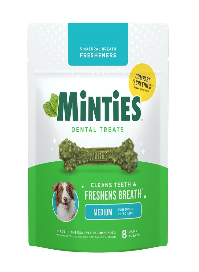 Minties Dental Chews for Dogs, 8 Count, Vet-Recommended Mint-Flavored Dental Dog Treats for Medium Sizes 25-50 lbs, Bones Clean Teeth, Fight Bad Breath, and Removes Plaque and Tartar - Image 1