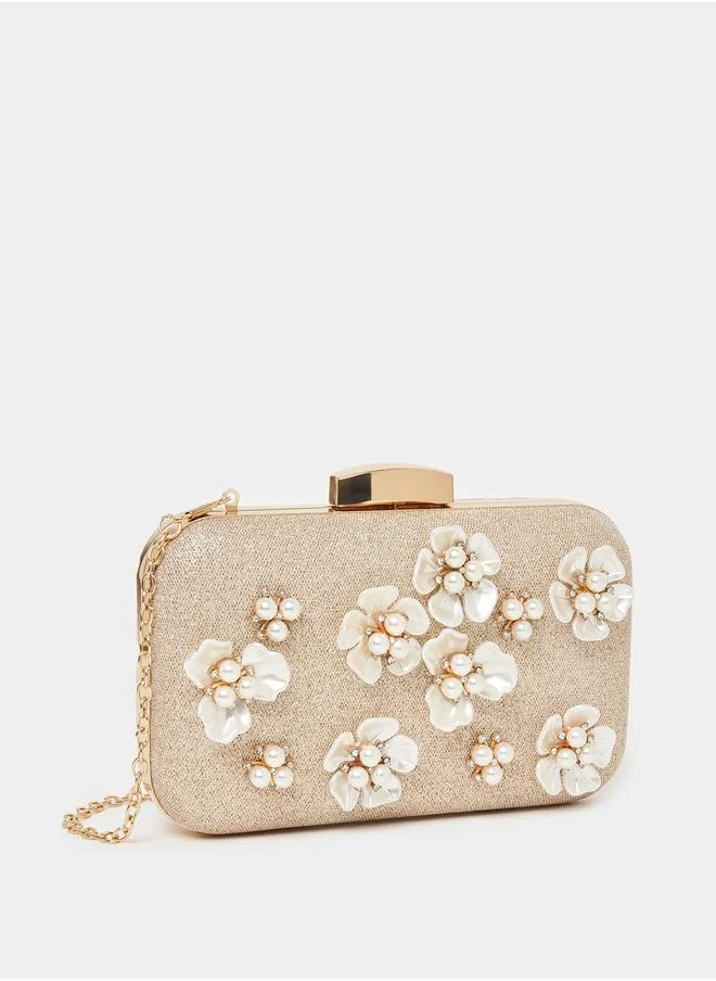 Styli Floral Bead Embellished Clutch with Chain Strap