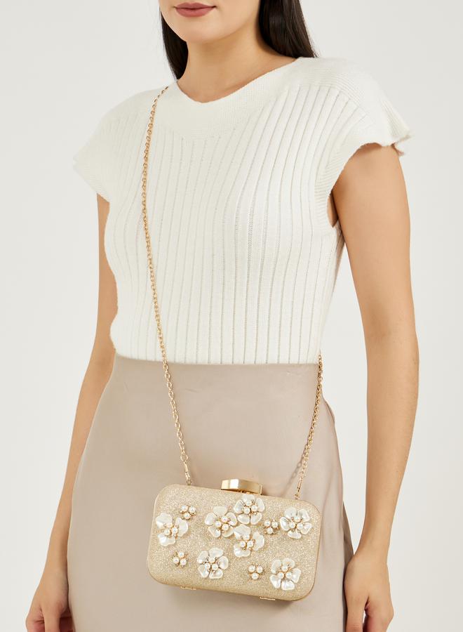 Styli Floral Bead Embellished Clutch with Chain Strap  - Image 2