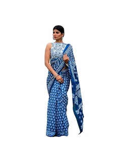Indigo Print Cotton Saree for Women Attached Blouse Piece (indigo)