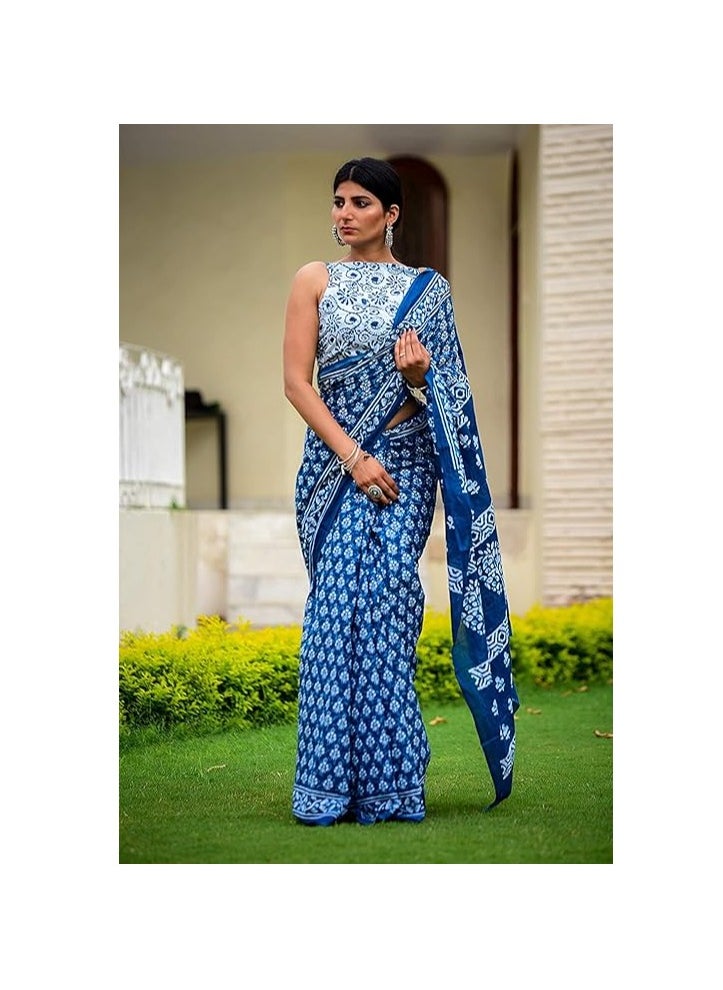 Accessorize Kingdom - Indigo Print Cotton Saree for Women Attached Blouse Piece (indigo) - Image 1
