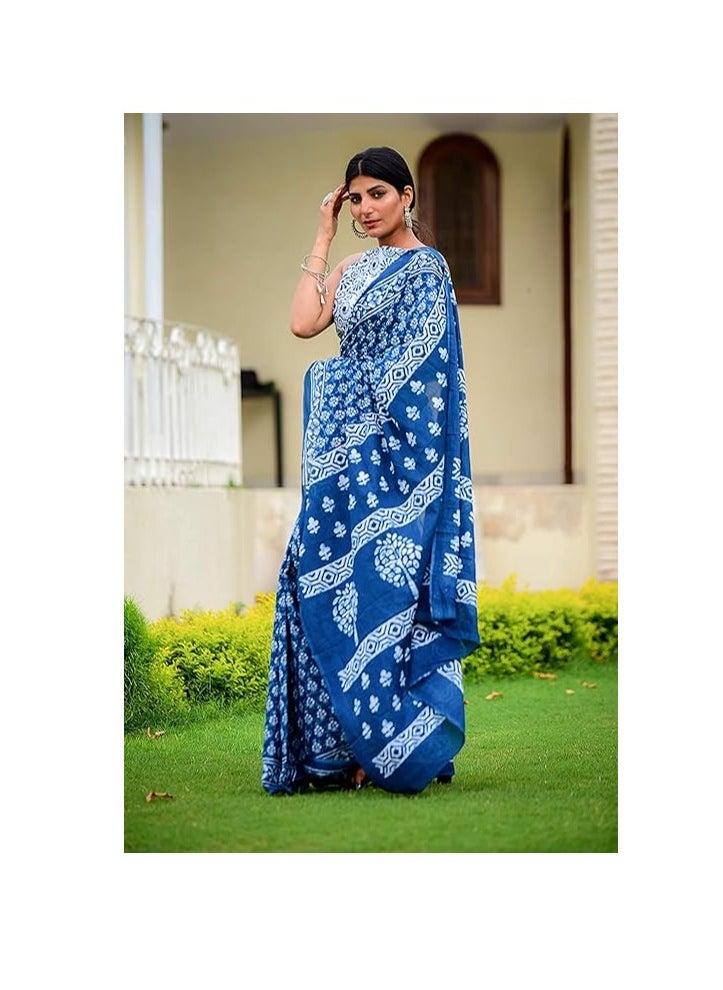 Accessorize Kingdom - Indigo Print Cotton Saree for Women Attached Blouse Piece (indigo) - Image 1