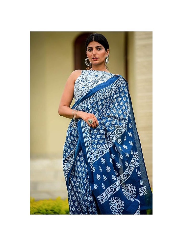 Accessorize Kingdom - Indigo Print Cotton Saree for Women Attached Blouse Piece (indigo) - Image 1