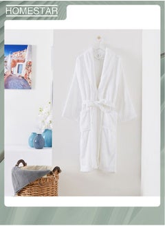 HOMESTAR 100% Cotton Terry Unisex Adult Bathrobe, Super Soft & Highly Absorbent Ideal for Everyday Use with Shawl collar (White)  - Image 2