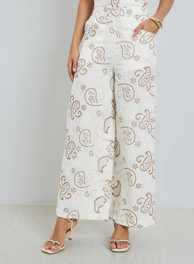 Styli Off White Embroidered Wide Leg Pants