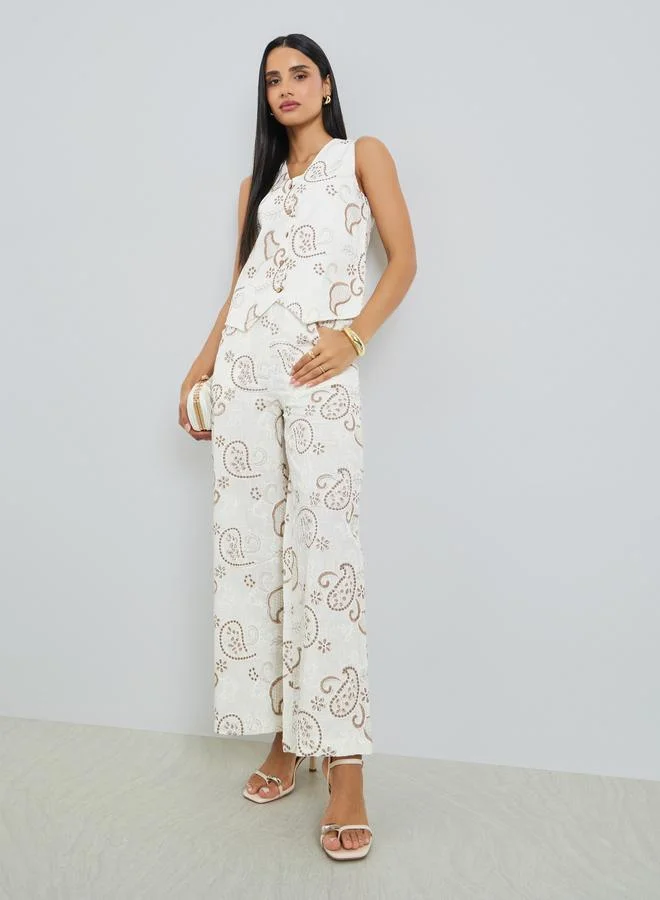 Styli Off White Embroidered Wide Leg Pants