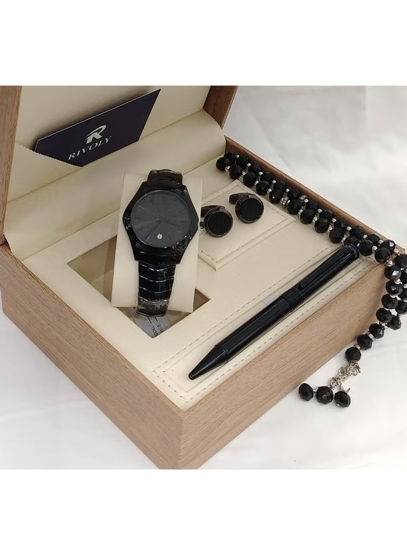 "Men's Luxury Stainless Steel Watch Gift Set with Pen, Cufflinks, and Elegant Tasbih"