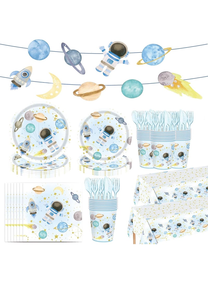 Party Supplies 142 Pieces, Disposable Dinnerware Set for 20 People, Includes 7in 9in Plates Cups Knives Forks Spoons Napkins Tablecloth Bunting, for Birthday Wedding Picnic - Image 1