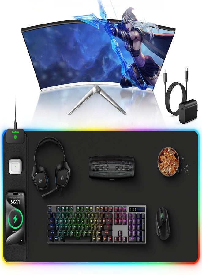 TopMade Wireless Charging Mouse Pad, RGB Gaming Mousepad Home Office Desk Pad, 31.5” x 15.8” XXL Large Desk Mat, Waterproof Keyboard Pad, Black (Includes 20W PD Power Adapter & 6.56ft Woven Cable) - Image 1