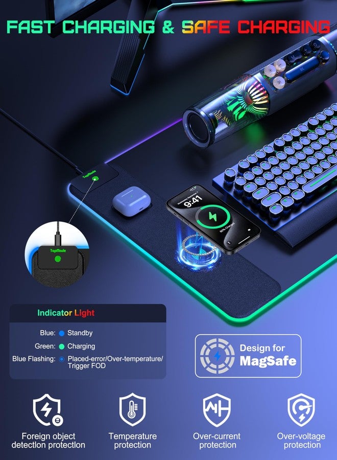 TopMade Wireless Charging Mouse Pad, RGB Gaming Mousepad Home Office Desk Pad, 31.5” x 15.8” XXL Large Desk Mat, Waterproof Keyboard Pad, Black (Includes 20W PD Power Adapter & 6.56ft Woven Cable) - Image 3