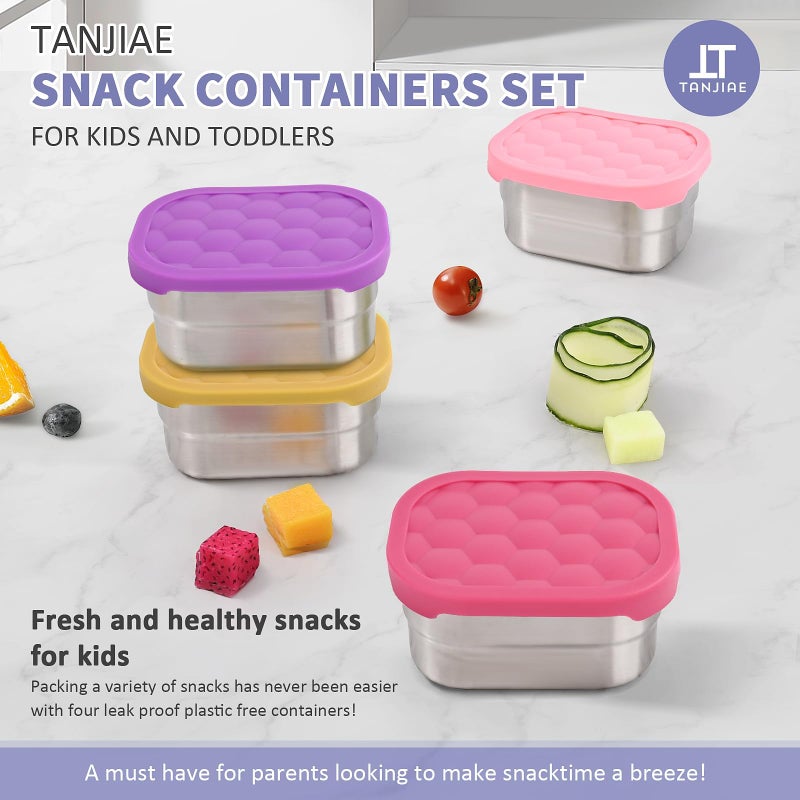 Tanjiae 4Pack Small (1 CUP) 8oz Stainless Steel Snack Containers for Kids | Reusable Easy Open Toddler Snack Containers with Silicone Lids | Stackable Toddler Lunch Box for Daycare, School and Travel - Image 3