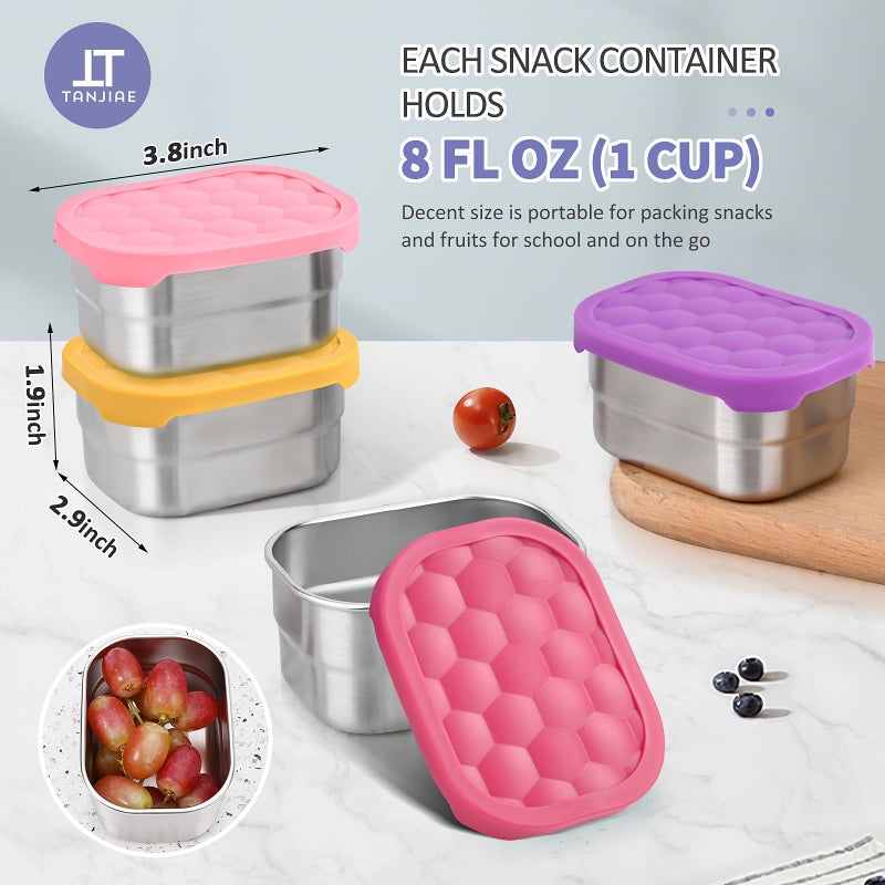 Tanjiae 4Pack Small (1 CUP) 8oz Stainless Steel Snack Containers for Kids | Reusable Easy Open Toddler Snack Containers with Silicone Lids | Stackable Toddler Lunch Box for Daycare, School and Travel - Image 4