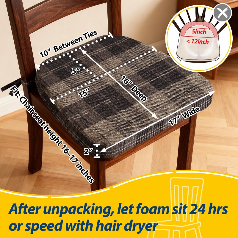 AAAAAcessories D-Shaped Chair Cushions, 2" Thick Dining Chair Pads with Ties and Removable, Machine-Washable Cover, 17" x 16", Set of 4, Brown Checkered - Image 2