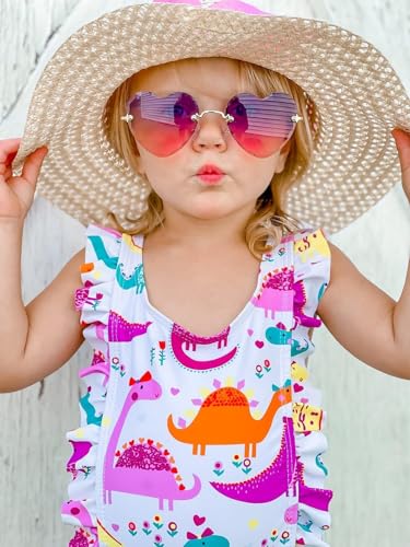 RAISEVERN Baby Girls Swimsuit Ruffles Dinosaur Bathing Suits Cute Cartoon Colorful Flowers Beach Sport White Summer One Piece Swimwear Backless Quick-Dry Swimming Bodysuit for 4t 5t Little Girl - Image 2