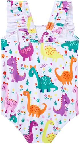 RAISEVERN Baby Girls Swimsuit Ruffles Dinosaur Bathing Suits Cute Cartoon Colorful Flowers Beach Sport White Summer One Piece Swimwear Backless Quick-Dry Swimming Bodysuit for 4t 5t Little Girl - Image 4