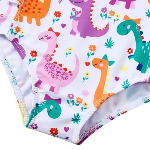 RAISEVERN Baby Girls Swimsuit Ruffles Dinosaur Bathing Suits Cute Cartoon Colorful Flowers Beach Sport White Summer One Piece Swimwear Backless Quick-Dry Swimming Bodysuit for 4t 5t Little Girl - Image 5