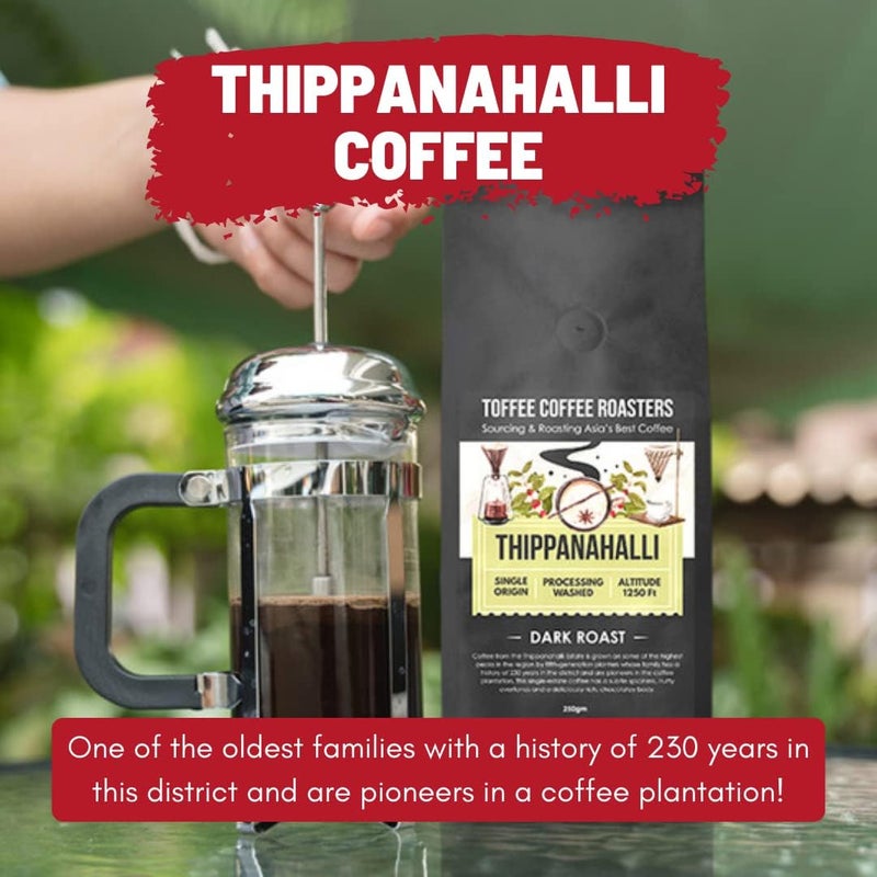 Toffee Coffee Roasters | Thippanahalli Coffee | As Seen On Shark Tank | Single Origin Coffee | Arabica | Dark Roast | Grounded Coffee Notes: Nutty and Chocolaty (French Press, 250gm) - Image 4
