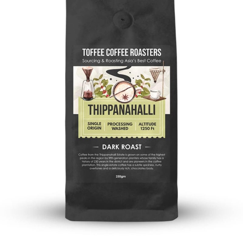 Toffee Coffee Roasters | Thippanahalli Coffee | As Seen On Shark Tank | Single Origin Coffee | Arabica | Dark Roast | Grounded Coffee Notes: Nutty and Chocolaty (French Press, 250gm) - Image 1