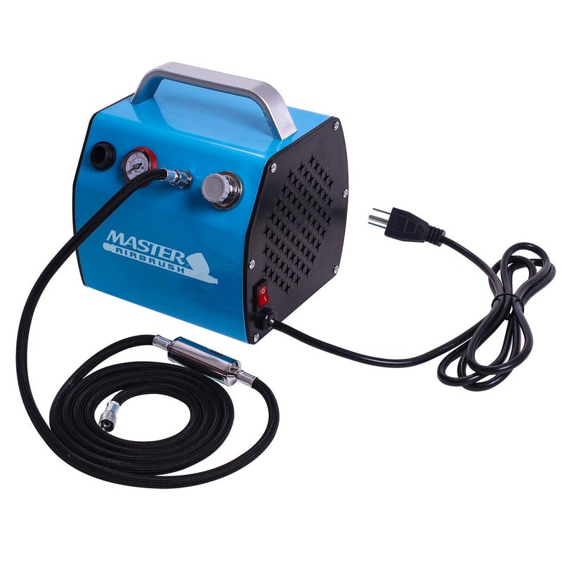 Master Airbrush Model TC-77, Super Quiet High Performance Airbrush Compressor with a 6 Foot Braided Hose with Mini-Inline Moisture Filter - Image 1