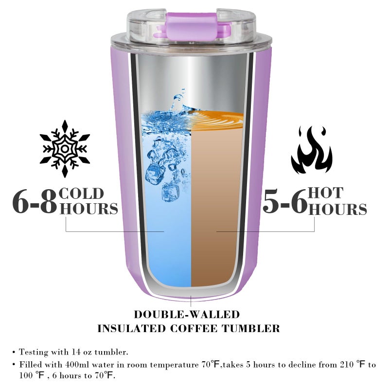 Puraville Insulated Tumblers with Lid  14 oz Travel Coffee Mug Stainless Steel Vacuum Thermos Cup  10/14 oz Leak Proof Reusable Double Walled Coffee Tumbler for Iced and Hot Drinks Lilac - Image 3