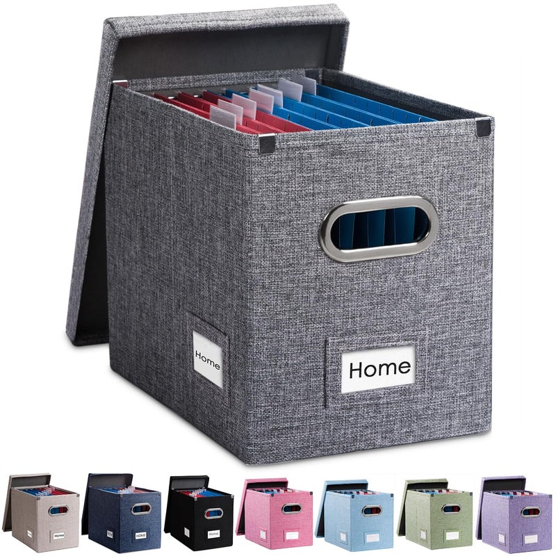 PRANDOM File Organizer Box - Set of 1 Collapsible Decorative Linen Filing Storage Hanging File Folders with Lids Office Cabinet Letter Size Grey (14x9.3x10.8 inch) - Image 1