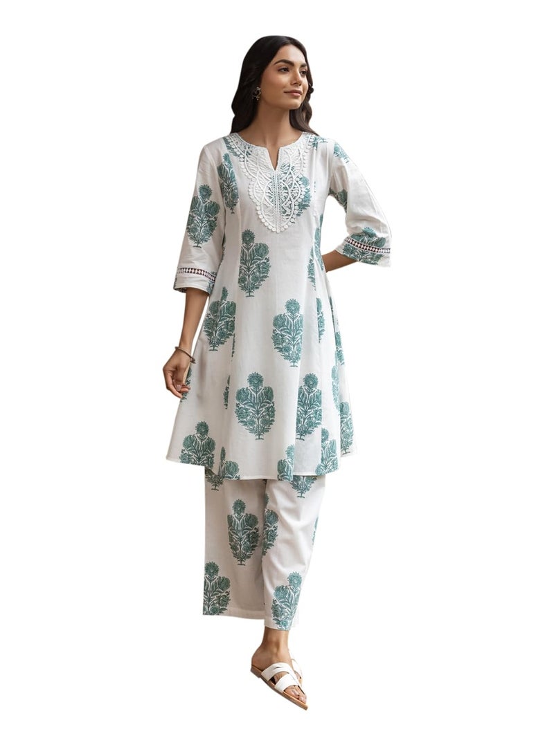 FIORRA Women's White Cotton Flared Kurta Set - Image 1