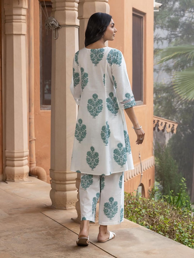 FIORRA Women's White Cotton Flared Kurta Set - Image 2