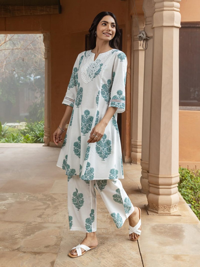 FIORRA Women's White Cotton Flared Kurta Set - Image 3
