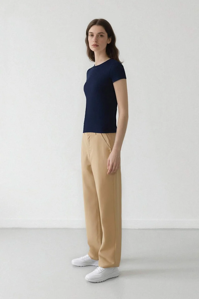 ديفاكتو Straight Fit Gabardine High Waist Trousers